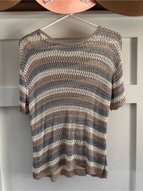 Striped Crochet Knit Short Sleeve Top - Cream, Taupe & Gray